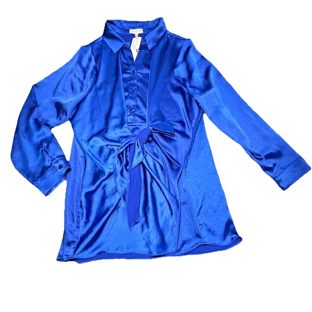 Skies Are Blue Curvy Blue Satin V-Neck Blouse 2X Niston  Lane Boutique NWT